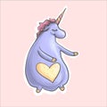 The magic purple cute funny fat unicorn with heart dancing . Alikorn. Pegasus. Children s character. Fashion patch badge