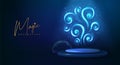 Magic blue glowing shiny trail or magic spirals on 3d stage showcase background. Royalty Free Stock Photo