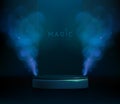 Magic blue showcase background with 3d podium and blue fog or steam. Glowing shiny trail.