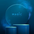 Magic blue showcase background with 3d podium and blue fog or steam. Glowing shiny trail.