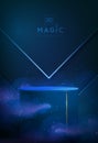 Magic blue showcase background with 3d podium and blue fog or steam. Glowing shiny trail.