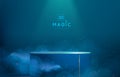 Magic blue showcase background with 3d podium and blue fog or steam. Glowing shiny trail.