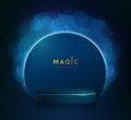 Magic blue showcase background with 3d podium and blue fog or steam. Glowing shiny trail.