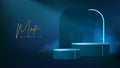 Magic blue showcase background with 3d podium and blue fog or steam. Glowing shiny trail.