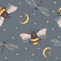 Magic bohemian seamless pattern with mystical bees and dragonflies. Celestial insects with moon and stars