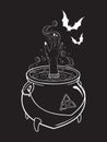 Magic boiling cauldron with witch hand and bats vector illustration. Hand drawn wiccan design, astrology, alchemy, magic symbol or