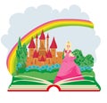 Magic book - Beautiful young queen in front of her castle Royalty Free Stock Photo