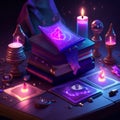 Magic book with crystal ball and candles on table. 3d illustration Generative AI Royalty Free Stock Photo