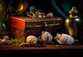 Magic book with devil skull and black candle on witch table. Wicca, vintage voodoo magic objects