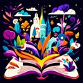 Magic book with fairy tale castle, flowers and leaves. Vector illustration AI Generated Royalty Free Stock Photo