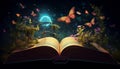 Magic book with flying butterflies. Fantasy and fairy tale concept