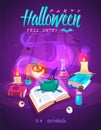 Magic book with frog. Halloween cardposter. Vector