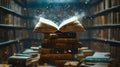 Magic Book with Glowing Pages and Dust in Library Royalty Free Stock Photo