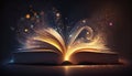 Magic book with open antique pages and abstract bokeh lights glowing on dark background. Royalty Free Stock Photo