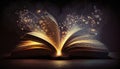 Magic book with open antique pages and abstract bokeh lights glowing on dark background. Royalty Free Stock Photo