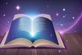 Magic Book With Open Pages And Abstract Lights Shining In Darkness - Literature And Fairytale Concept generative ai Royalty Free Stock Photo