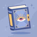 Magic book of spells with isoteric eye. Magic witchcraft Halloween attributes in flat cartoon style. Royalty Free Stock Photo