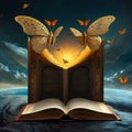 magic book on the moon, open vintage book as the gateway butterflies escaping in a surreal display of freedom, generative AI Royalty Free Stock Photo