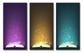 Magic books with different color magic lights on banners. Royalty Free Stock Photo