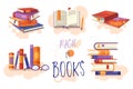 Magic of Books set of icons or design elements showing stacked books, open book for reading, row on a bookshelf and