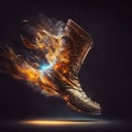 A Magic Boot of Speed Brown Leather Shoe on Fire with Dark Black Background