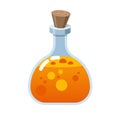 Magic bottle of glass. Alchemy love elixir in glass flask. Cork and orange potion, cartoon vector with hearts Royalty Free Stock Photo