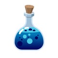Magic bottle of glass. Alchemy love elixir in glass flask. Cork and blue potion, cartoon vector with hearts. Witchcraft Royalty Free Stock Photo