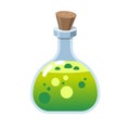 Magic bottle of glass. Alchemy love elixir in glass flask. Cork and green potion, cartoon vector with hearts. Witchcraft Royalty Free Stock Photo