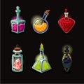 Magic bottle set. Game design vector icons set. Cartoon style.