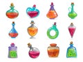 Magic bottles with potion set on white background