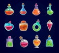Magic bottles set with elixir on dark background Royalty Free Stock Photo