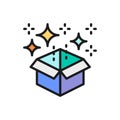 Magic box with confetti, gift flat color line icon.