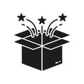 Magic Box Surprise Silhouette Icon. Christmas Magic Package with Confetti Glyph Pictogram. Open Birthday Present Solid