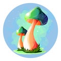 Magic bright mushrooms on a blue background in a circle. Fireflies and fog. Nice sticker