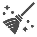 Magic broom solid icon. Wizard and witch flying besom for household. Halloween party vector design concept, glyph style