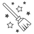 Magic Broom thin line icon, Halloween concept, magic witch broom sign on white background, Broomstick with stars icon in
