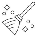 Magic broom thin line icon. Wizard and witch flying besom for household. Halloween party vector design concept, outline