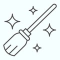 Magic Broom thin line icon. Wizard and witch gardening flying tool in sky with stars. Halloween vector design concept