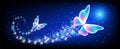 Magic butterflies with sparkle trail flying in night sky among glowing stars in cosmic space. Animal protection day concept