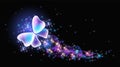 Magic butterfly with fantasy sparkle, blazing trail and glowing stars on black background