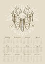 Magic calendar 2023. Deer antlers, crystal, sun rays, moon phases. Vintage illustration in boho style. Halloween