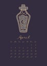 Magic calendar for 2022 The month of April. Vector graphic drawing, vintage. Witchs magic potion, bottle, moon and stars