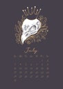 Magic calendar 2022 Month July. Stylish graphic vintage vector illustration. Raven skull in crown, flowers, grass. The