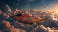 Magic carpet flying above the clouds at sunset, fantasy adventure concept Royalty Free Stock Photo