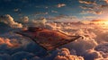 Magic carpet soaring above the clouds at sunset, fantasy and adventure concept Royalty Free Stock Photo