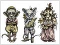 Magic cartoon characters - three creepy rats, similar to humans, with big heads and ears, wrinkled muzzles and protruding teeth