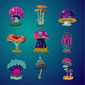 Magic cartoon mushrooms icons set. Fantasy object vector illustration. Game design element collection.