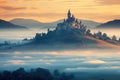 Magic castle in foggy morning. Fairytale landscape with castle, AI Generated Royalty Free Stock Photo