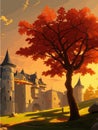 Magic castle and medieval town buildings at scenery autumn landscape. Fairy tale kingdom palace with turrets ,