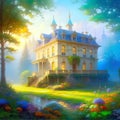 Magic castle in the mist. Digital painting. Fantasy landscape. Illustration. Royalty Free Stock Photo